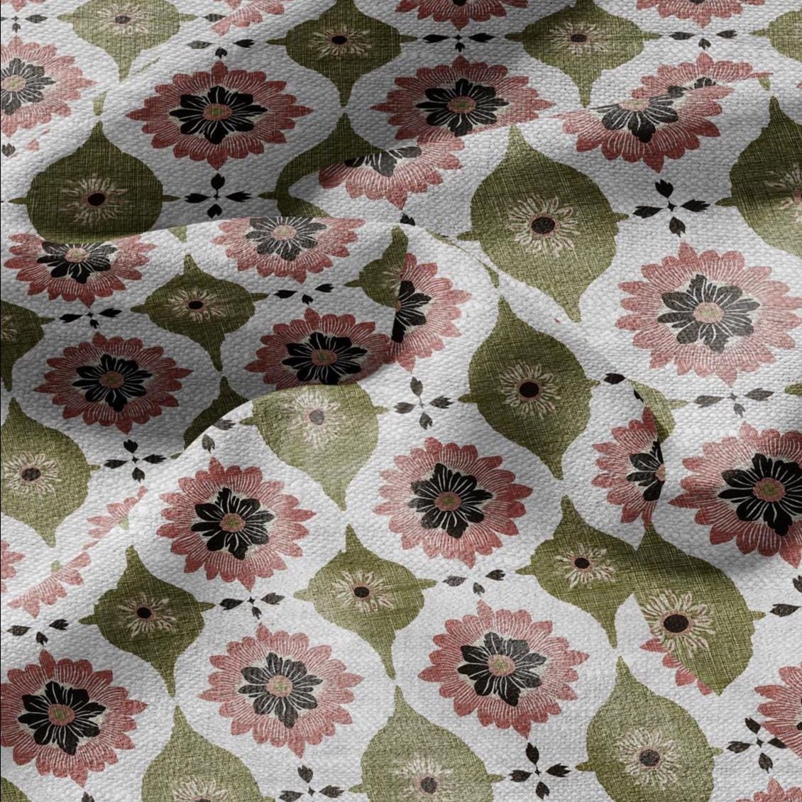 100% LINEN Fabric Retro naive flower print - green pink gray  - for upholstery home decor - medium for dress making 2908