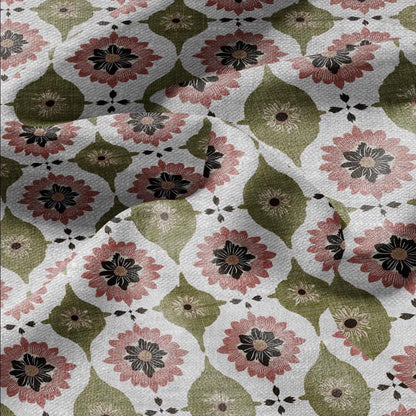 100% LINEN Fabric Retro naive flower print - green pink gray  - for upholstery home decor - medium for dress making 2908