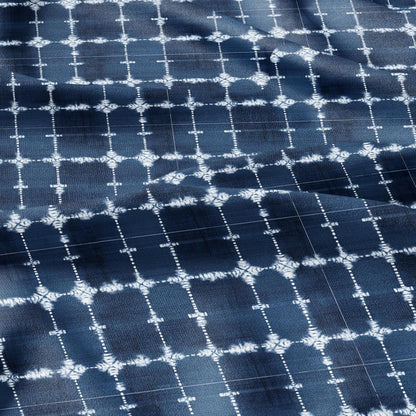 100% LINEN Fabric indigo blue print - Shibori abstract squares - upholstery curtains dress making 2982