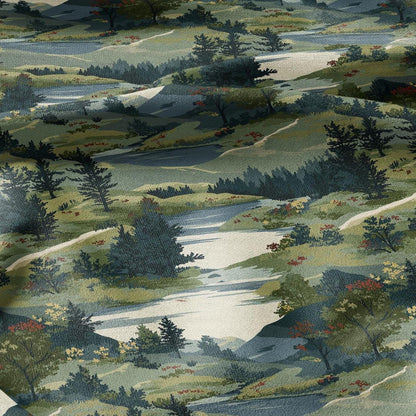 100% LINEN Fabric Scandinavian forest scenery - greenlandscape print - heavy linen fabric for upholstery home decor tablecloth 2921