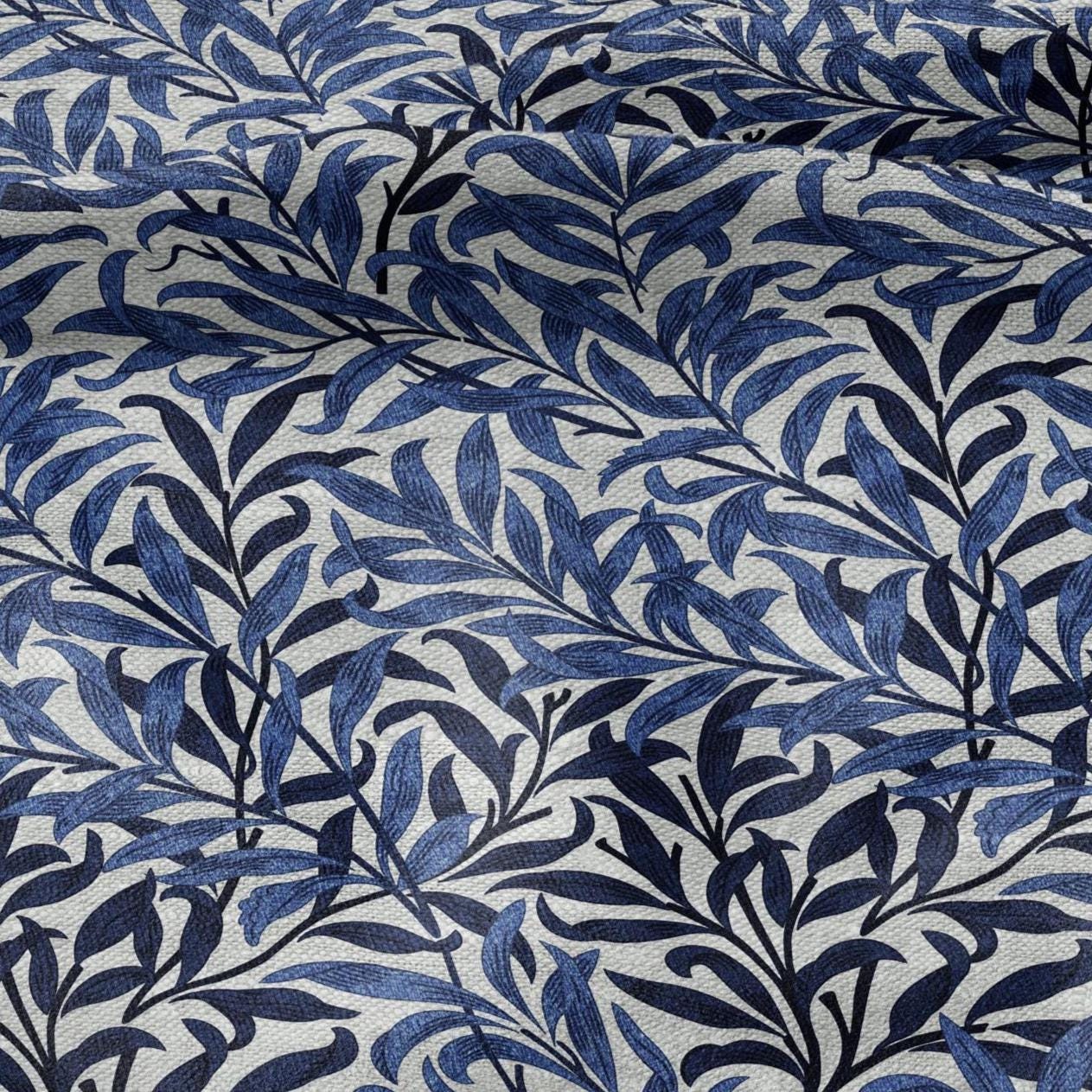 100% LINEN Fabric William Morris Bough Willow - oatmeal natur linen fabric with botanical print - Victorian Art Craft Historical blue 3212