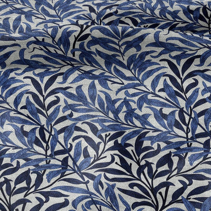 100% LINEN Fabric William Morris Bough Willow - oatmeal natur linen fabric with botanical print - Victorian Art Craft Historical blue 3212