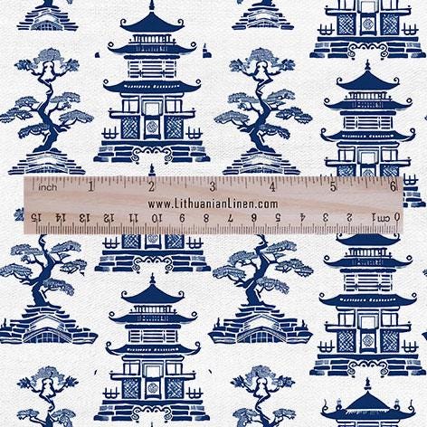 100% LINEN Fabric Pagoda blue print - oriental for upholstery home decor - medium for dress making 2873