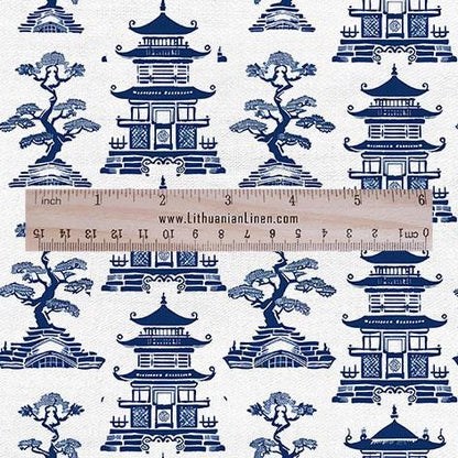 100% LINEN Fabric Pagoda blue print - oriental for upholstery home decor - medium for dress making 2873
