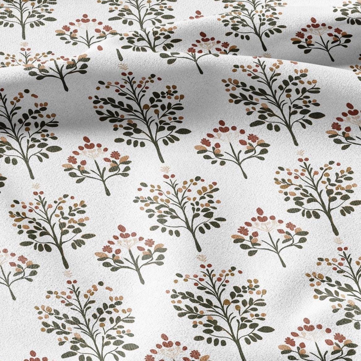 100% LINEN Fabric Block print Lotus blosoom - modern vintage botanical flower upholstery home textile artisan green yellow  white 2142