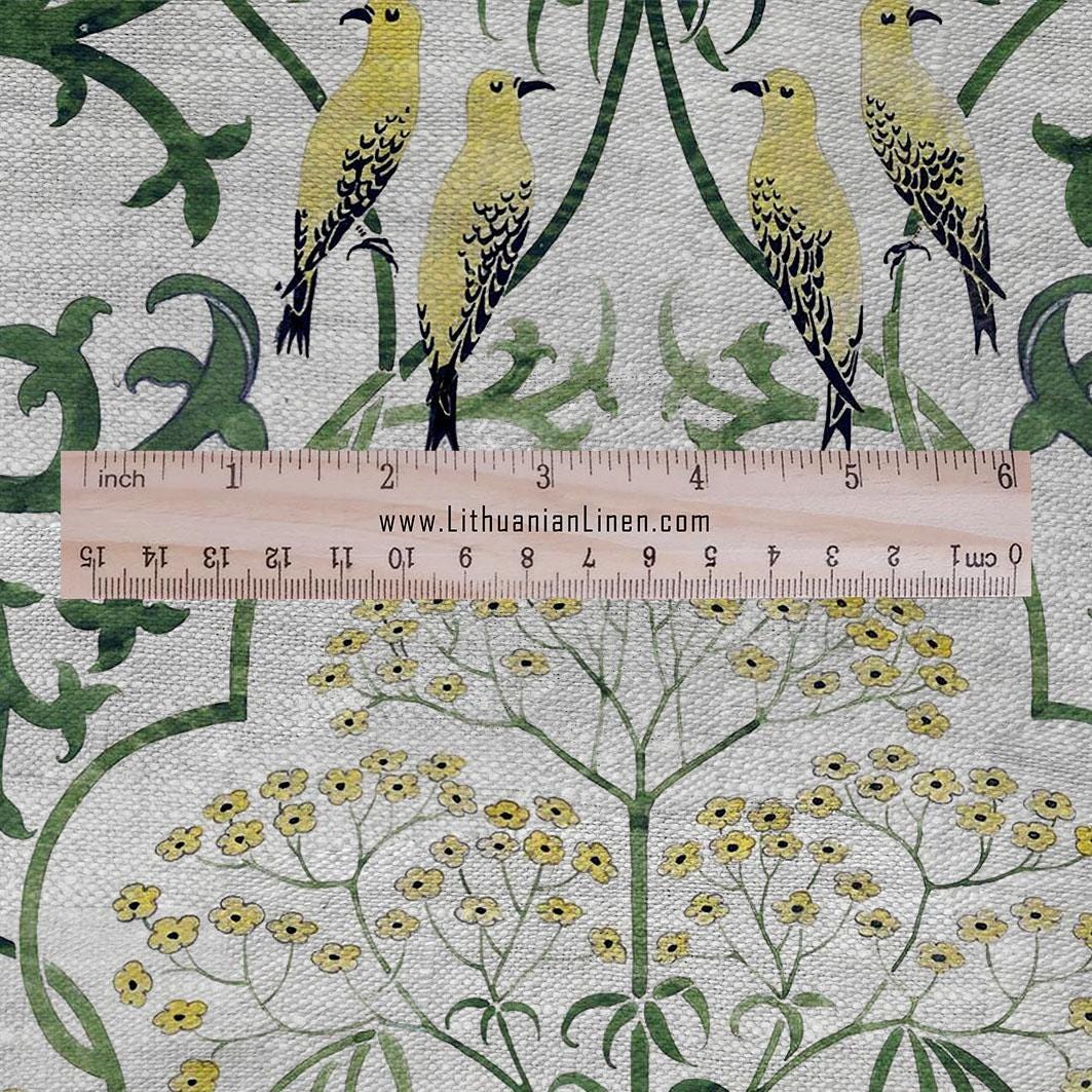 100% linen fabric - Yellow Birds in tansy field by Voysey - Victorian Art crafts - Historical pattern home decor dress making 3003