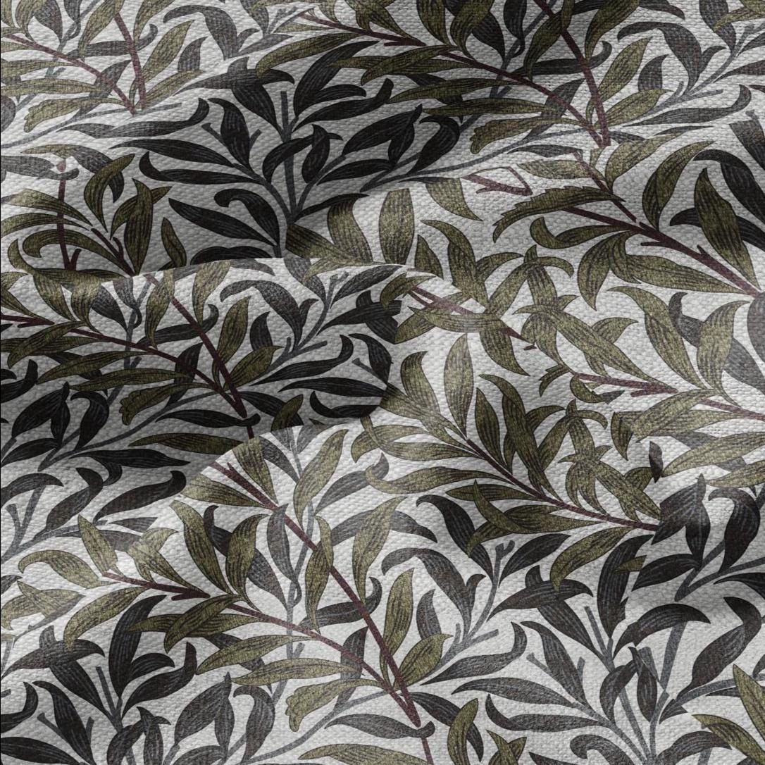 100% LINEN Fabric William Morris Bough Willow khaki gray - oatmeal linen fabric with botanical print - Victorian Art Craft Historical 3217