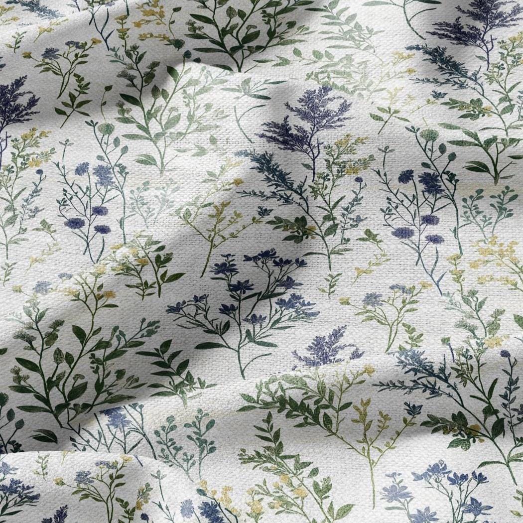 100% LINEN Fabric Meadow print green blue - floral upholstery home textile artisan fabrics blue green white 3038