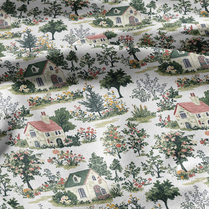 100% LINEN Fabric Houses print linen - VIllage print fabric for upholstery home decor dress making 2369