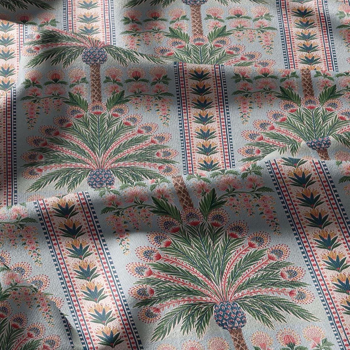 100% linen fabric Palm floral print - Vintage pink red green botanical  - modern vintage 3394