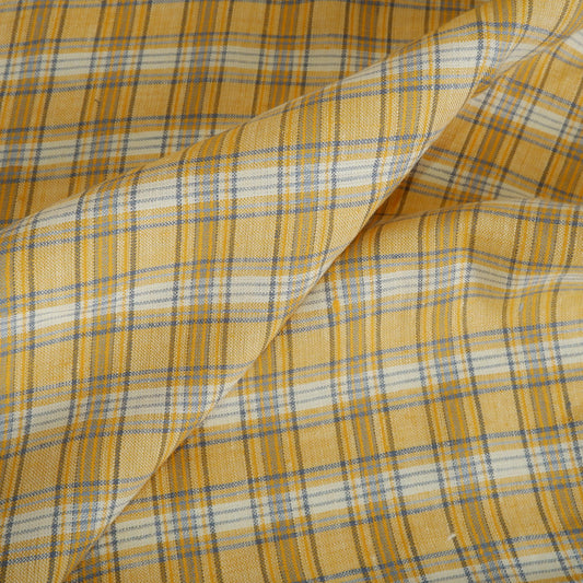 Premium Linen Gingham Fabric in Mustard | Medium weight multicolor check in mustard yellow and brown