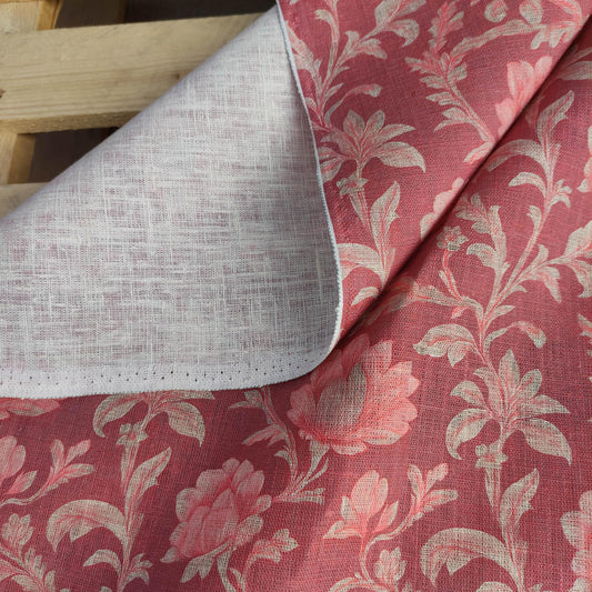 100% LINEN Fabric red floral print on linen, botanical print fabric for upholstery home decor curtains pillows cushions