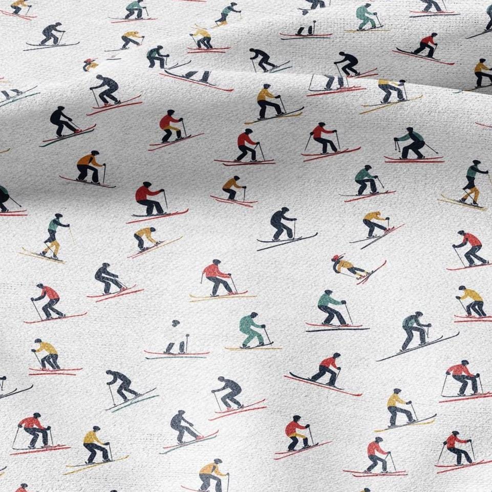 100% linen Skiers Print fabric for Curtain Upholstery Cushion - retro - for dress making sewing 2213