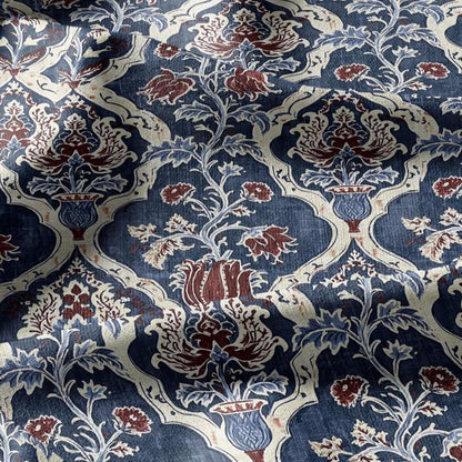 100% LINEN Fabric Indigo Garden Linen  - Hand-Drawn Floral Lattice - Indigo & Madder Floral 3424