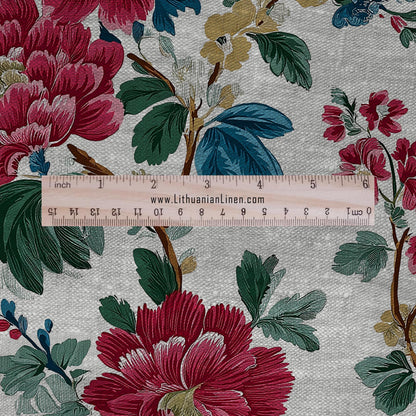 100% LINEN Fabric floral print - Grandmillennial - peony Modern vintage flower upholstery curtains dress making 2937