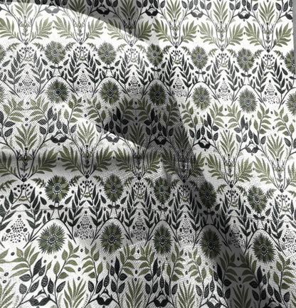 100% LINEN Fabric Floral green white, linen fabric with botanical block print, heavy linen fabric for upholstery home decor curtains cushion