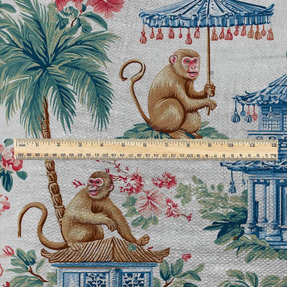 100% LINEN Fabric monkey chinoiserie print - oatmeal linen fabric with chinoiserie print - modern vintage 3338