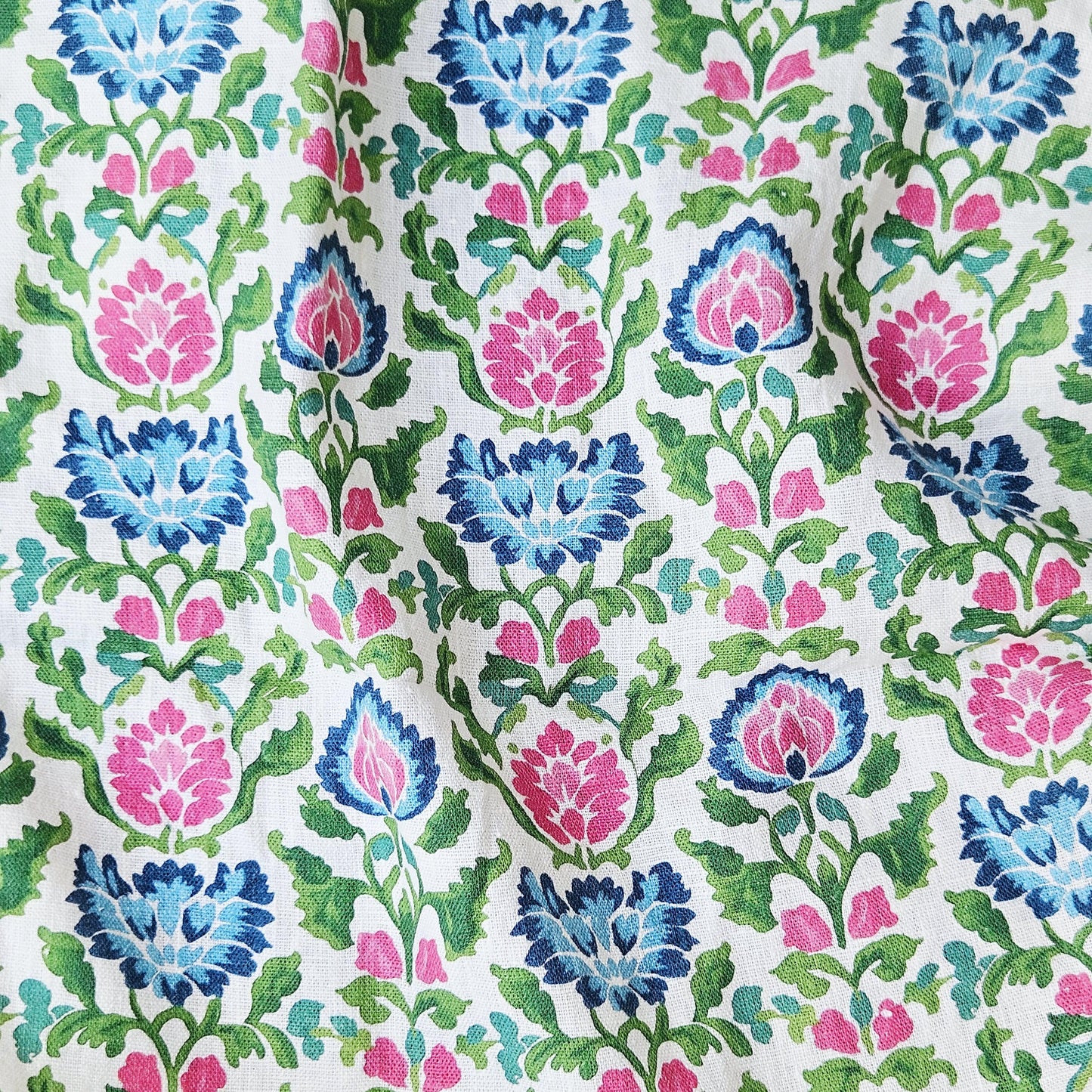 100% LINEN Fabric floral print on linen - Bright Botanical fabric large flowers pink blue green for upholstery curtains home textile 2646B