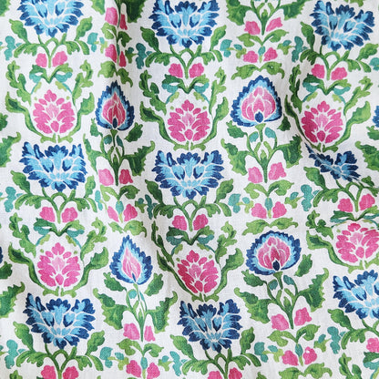 100% LINEN Fabric floral print on linen - Bright Botanical fabric large flowers pink blue green for upholstery curtains home textile 2646B