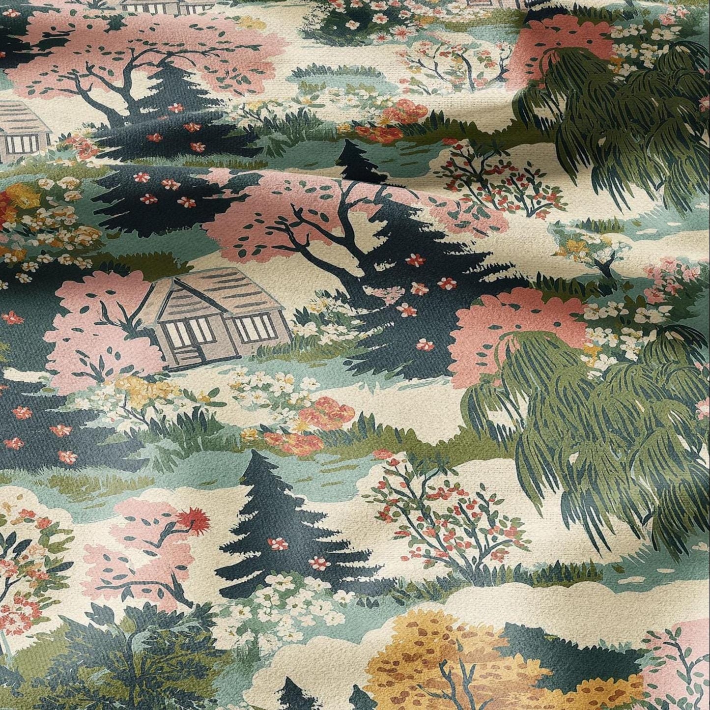 100% LINEN Fabric Country side - Village lanscape for upholstery dressmaking curtains home textile Art Nouveau 2133
