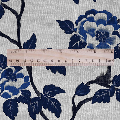 100% LINEN Fabric Block print blue roses - oatmeal linen fabric with japanese print - heavy for home decor clothing 2381