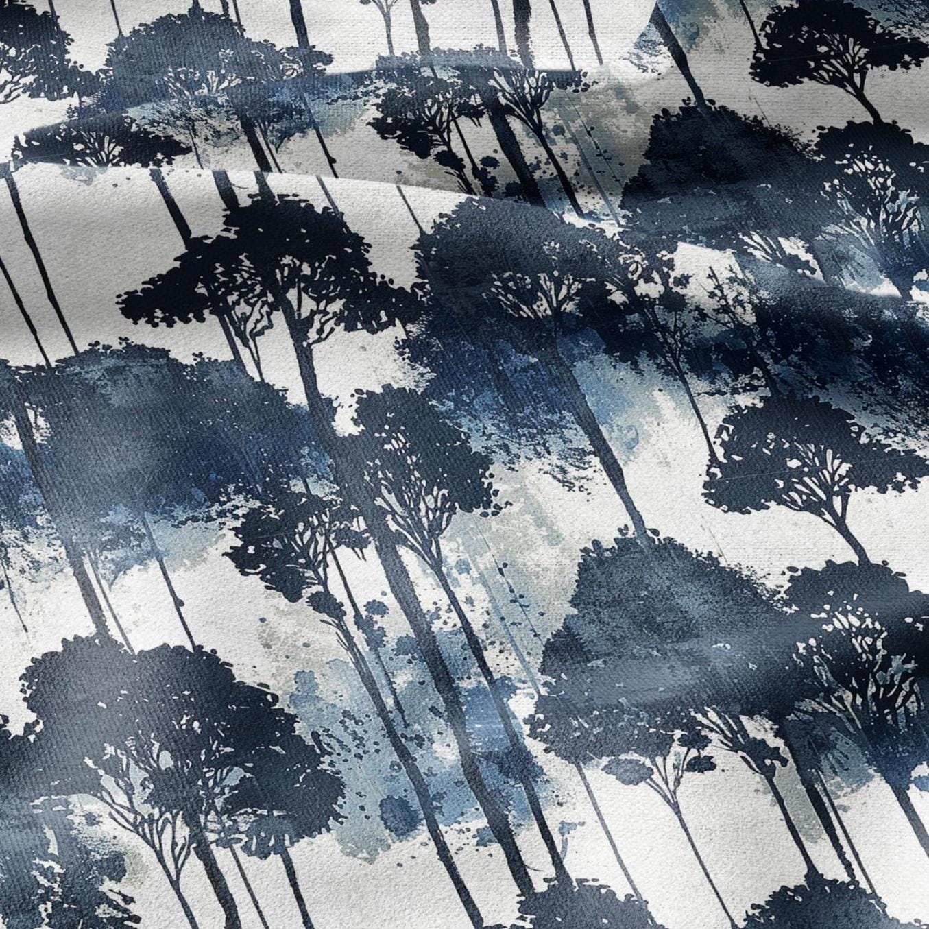 100% LINEN Fabric indigo blue forest linen - tree print fabric for upholstery home decor dress making 2401