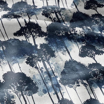 100% LINEN Fabric indigo blue forest linen - tree print fabric for upholstery home decor dress making 2401