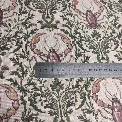 100% LINEN Fabric LOBSTER print, oatmeal linen fabric with green purple coastal print for upholstery home decor LOBSTER