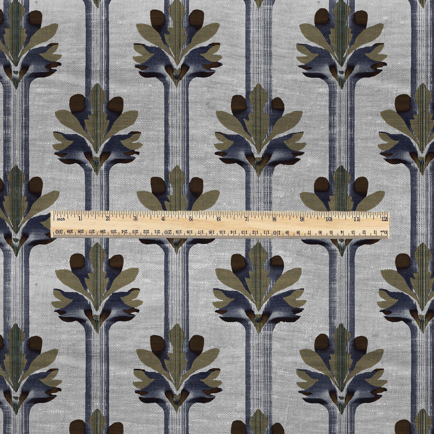 100% LINEN Fabric Art deco floral stripe print - botanical blue gray floral on oatmeal linen - modern vintage 3034