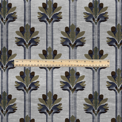 100% LINEN Fabric Art deco floral stripe print - botanical blue gray floral on oatmeal linen - modern vintage 3034