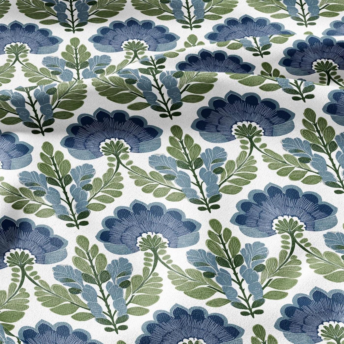 100% LINEN Fabric Swedish Mid-century print - Walnut leaves botanical stripe upholstery home textile artisan blue green white 3079