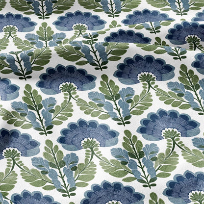 100% LINEN Fabric Swedish Mid-century print - Walnut leaves botanical stripe upholstery home textile artisan blue green white 3079