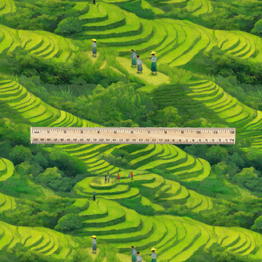 100% LINEN Fabric Green rice fields landscpape - Modern vintage scenery greenery  - heavy linen fabric for upholstery home decor 3116