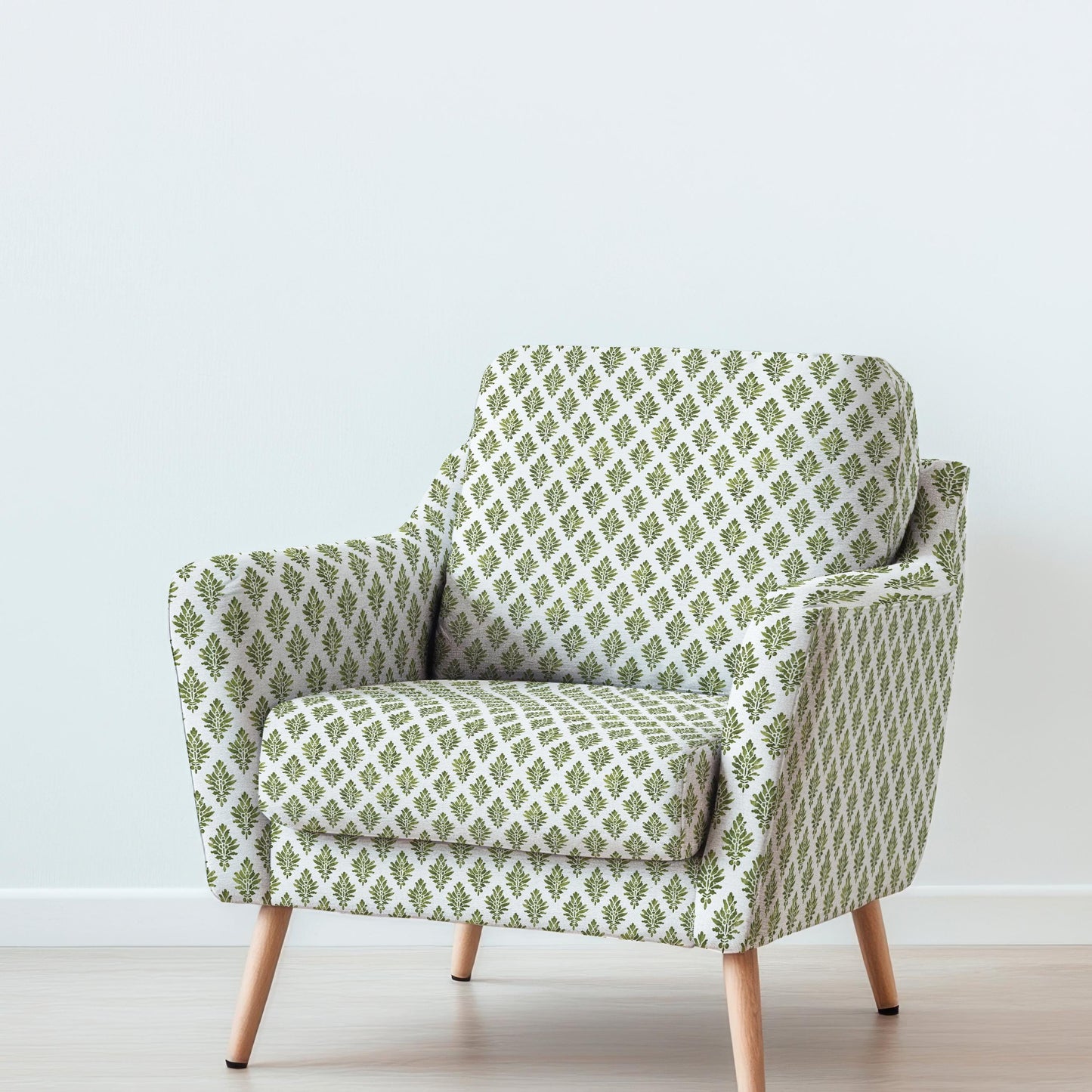 100% LINEN Fabric UPHOLSTERY 12oz - Kensi green block print on white - Modern Vintage Victorian floral upholstery 302