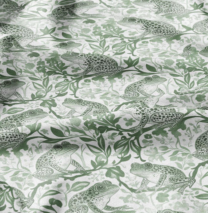 100% LINEN Fabric toile de jouy Frog Nautical print - green white linen fabric with blue coastal print for upholstery home decor