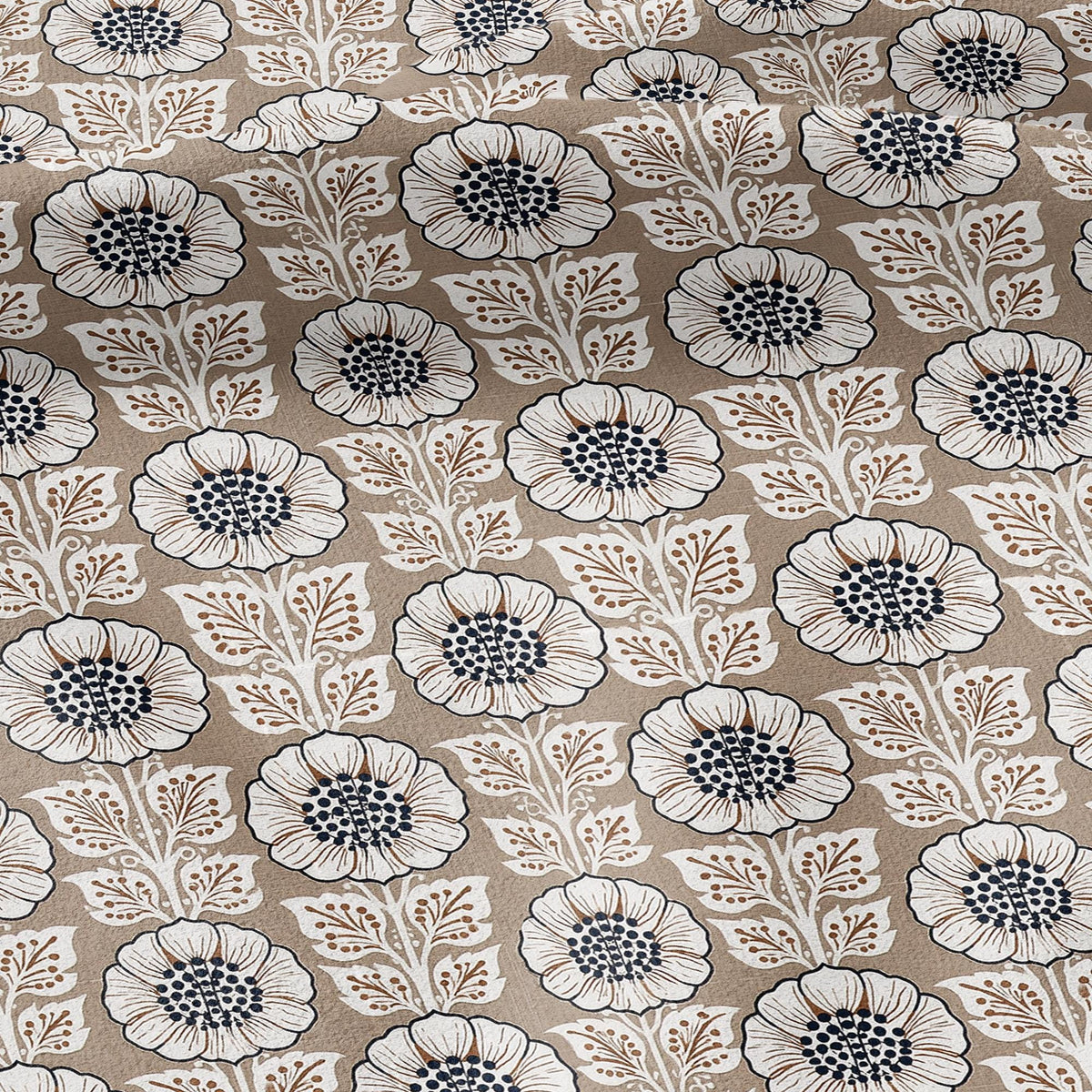 100% LINEN Fabric Beige flower block print - botanical textile artisan fabrics brown white 3808
