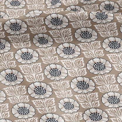 100% LINEN Fabric Beige flower block print - botanical textile artisan fabrics brown white 3808