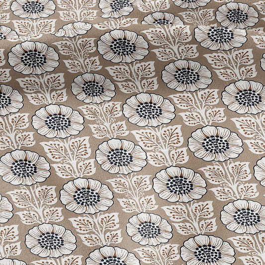100% LINEN Fabric Beige flower block print - botanical textile artisan fabrics brown white 3808