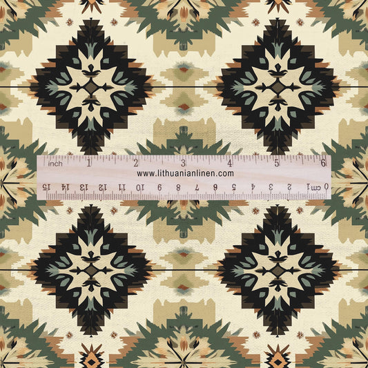 100% LINEN Fabric Western Abstract - tribal print on linen print upholstery curtains dress making