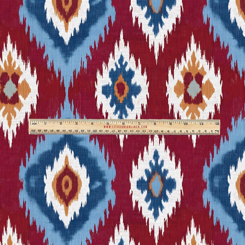 100% LINEN Fabric UPHOLSTERY 12oz - Red blue contrast checks ikat print on linen 2967