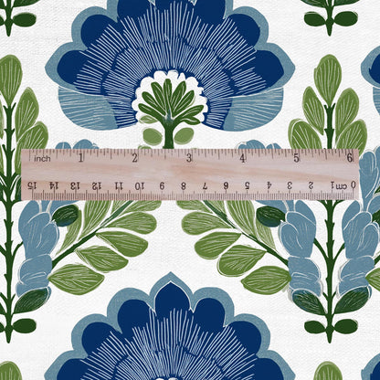 100% LINEN Fabric Swedish Mid-century print - Walnut leaves botanical stripe upholstery home textile artisan blue green white 3079