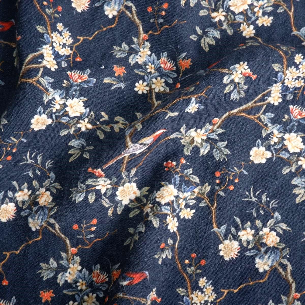 100% LINEN Fabric Toile de Jouy in navy blue, botanical flax fabric with indigo blue print, French linen floral Birds on the tree