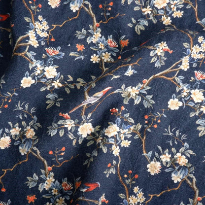 100% LINEN Fabric Toile de Jouy in navy blue, botanical flax fabric with indigo blue print, French linen floral Birds on the tree