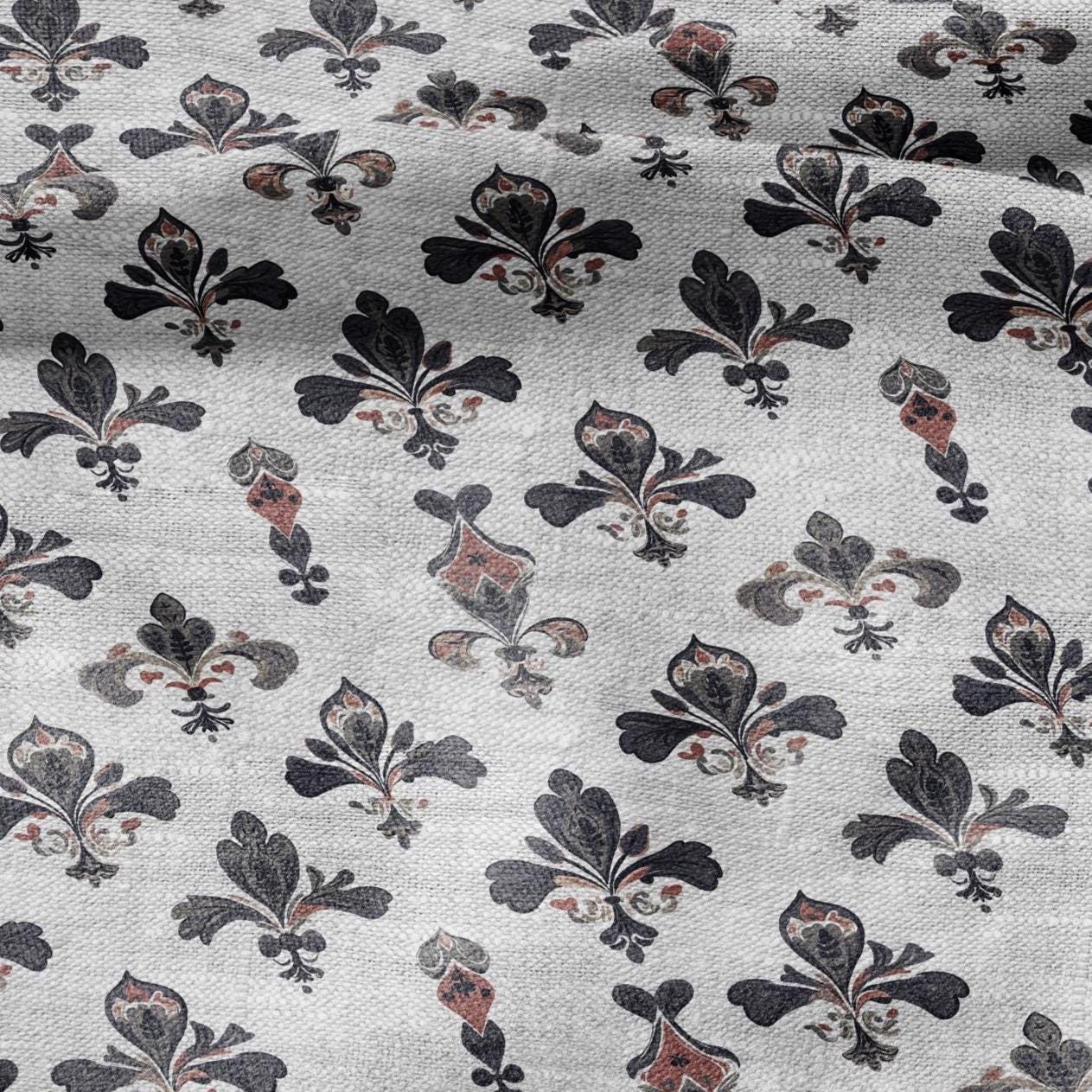 100% LINEN Fabric Fleur de lis print - floral black red gray - for upholstery home decor - medium for dress making 2279