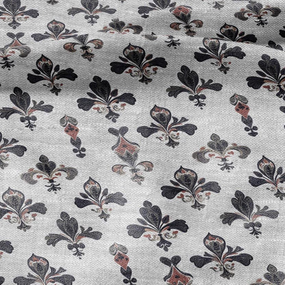 100% LINEN Fabric Fleur de lis print - floral black red gray - for upholstery home decor - medium for dress making 2279