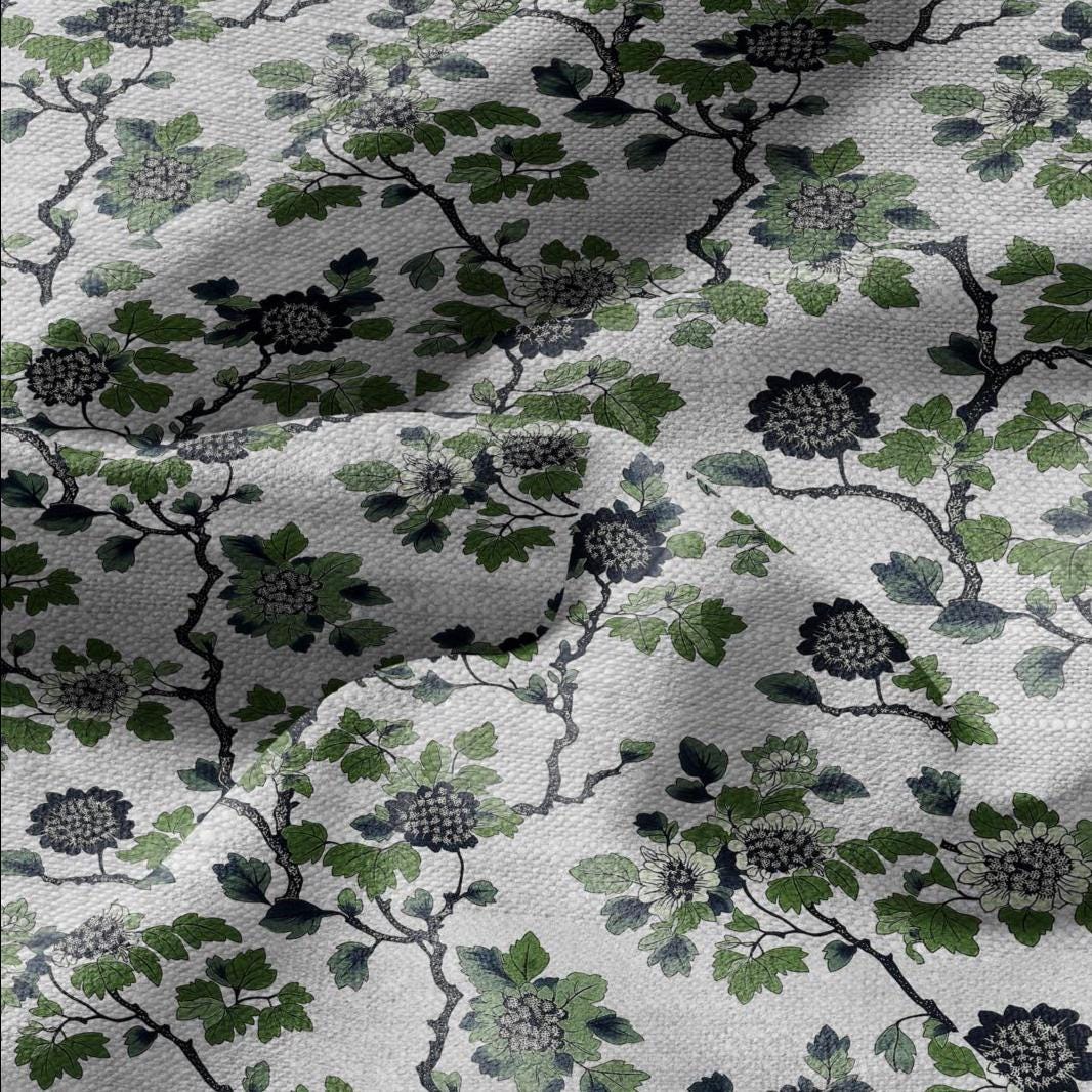 100% LINEN Fabric printgreen blue flower gray - oatmeal linen fabric with botanical print - heavy for home decor clothing 2918