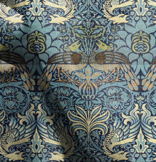 William Morris Dragon and peacock print on  100% LINEN, Victorian Art and crafts linen Fabric, Linen fabric botanical Historical pattern