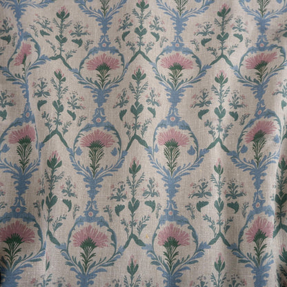 100% LINEN Fabric pink blue block print on oatmeal natur linen, floral toile de jouy fabric, French linen floral upholstery 2254