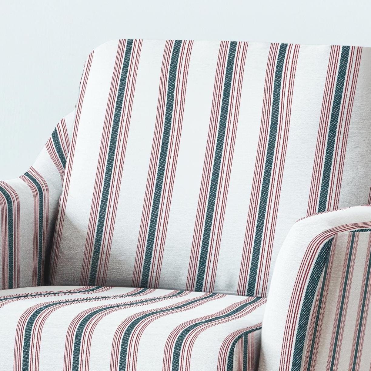 100% LINEN Fabric UPHOLSTERY 12oz - Belgian red ticking stripe on white linen - Modern vintage Grandmillenial upholstery 2969