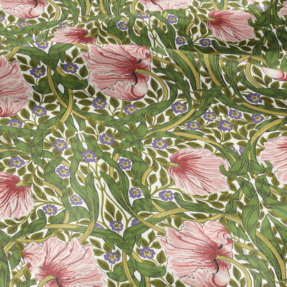 100% LINEN fabric - William Morris Pimpernel green pink - British Victorian Art Craft flax - sewing home decor or clothing 3847